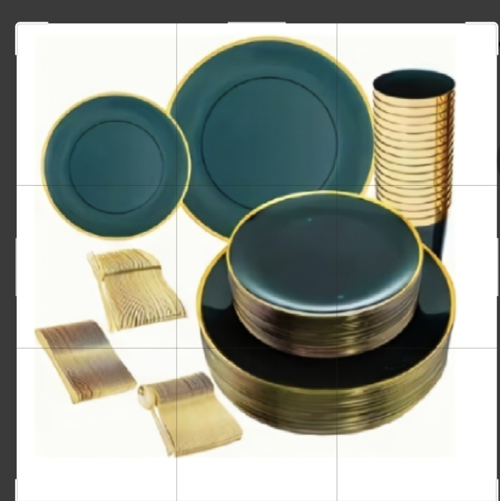 NEW GREEN PLASTIC DINNERWARE DISH SET PLATES, CUPS, SILVERWARE 180 PIECES